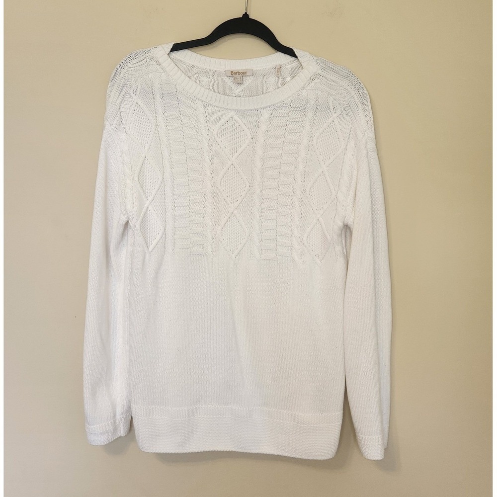 Barbour Weymouth Knit White Cotton Cableknit Diamond Sweater Womens US 8 (M) - Picture 2 of 9